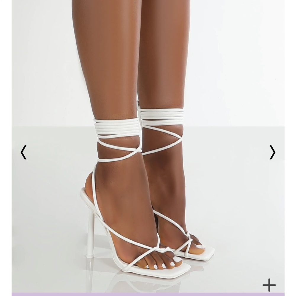 Lacey White Square Toe Strappy Lace up Heels